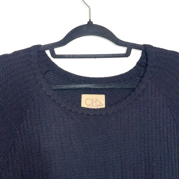 Chaser Solid Black Tie Hem Dolman Sleeve Waffle Knit Relaxed Top Medium Women’s - Picture 2 of 10